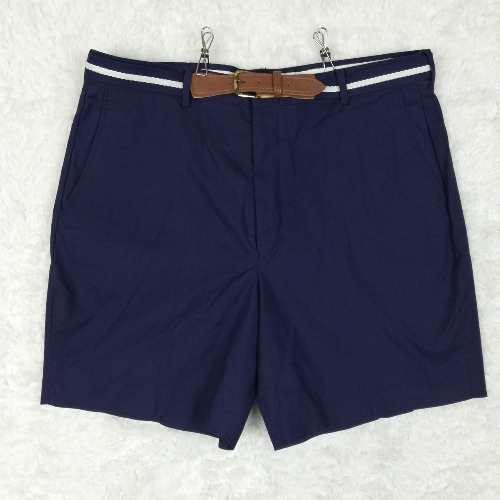 Vtg Knightsbridge Mens Shorts Chino Navy Blue Flat Front Belted Preppy 36
